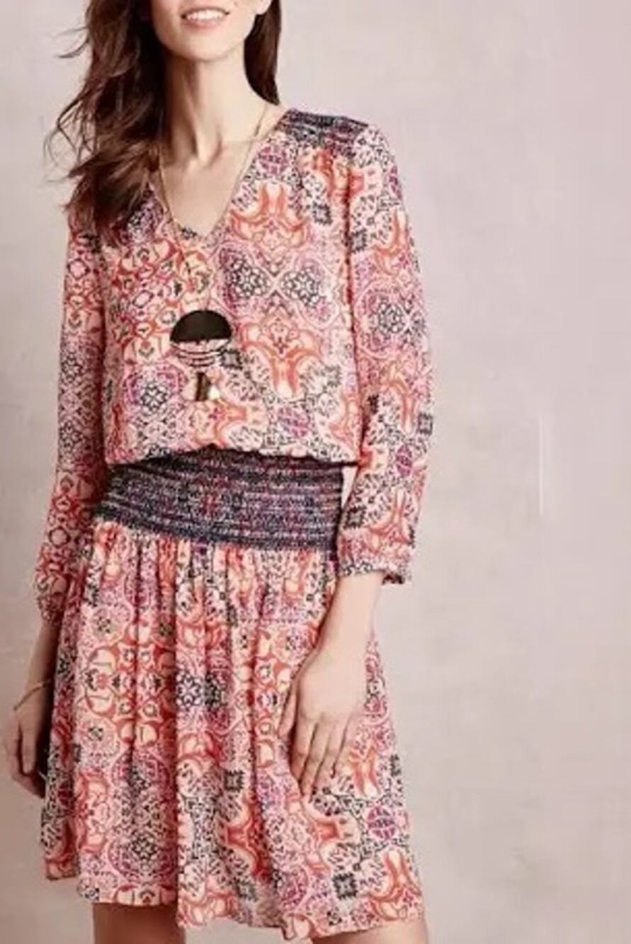 Vanessa Virginia Anthropologie "Daytripper" dress boho print smocked waist MP
